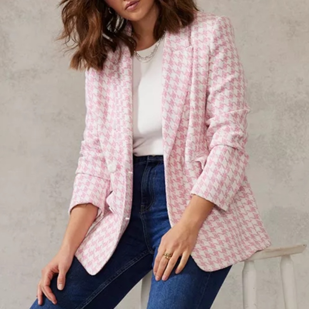 • NWOT! • Mint Velvet coton blend pink and white houndstooth blazer - Picture 10 of 11